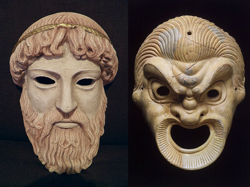 Two Ancient Traditional Greek Theatre Masks On Purple Sticker