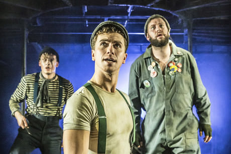 Jonathan Slinger, Richard Fleeshman and Jeff Nicholson in Urinetown at the St James Theatre